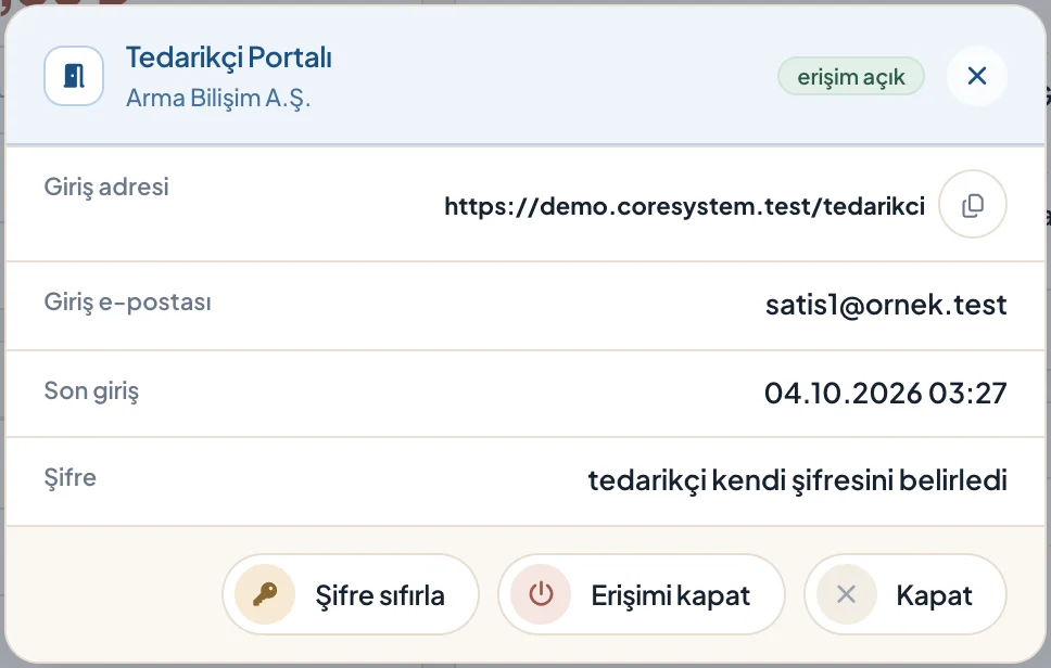 Tedarikçi Yönetimi › Tedarikçi Kartı › Portal ekranı